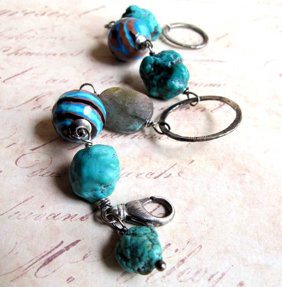 Turquoise Aqua Labradorite Striped Agate Beads Sterling Silver Chunky Summer Ocean Resort Gemstone Bracelet
