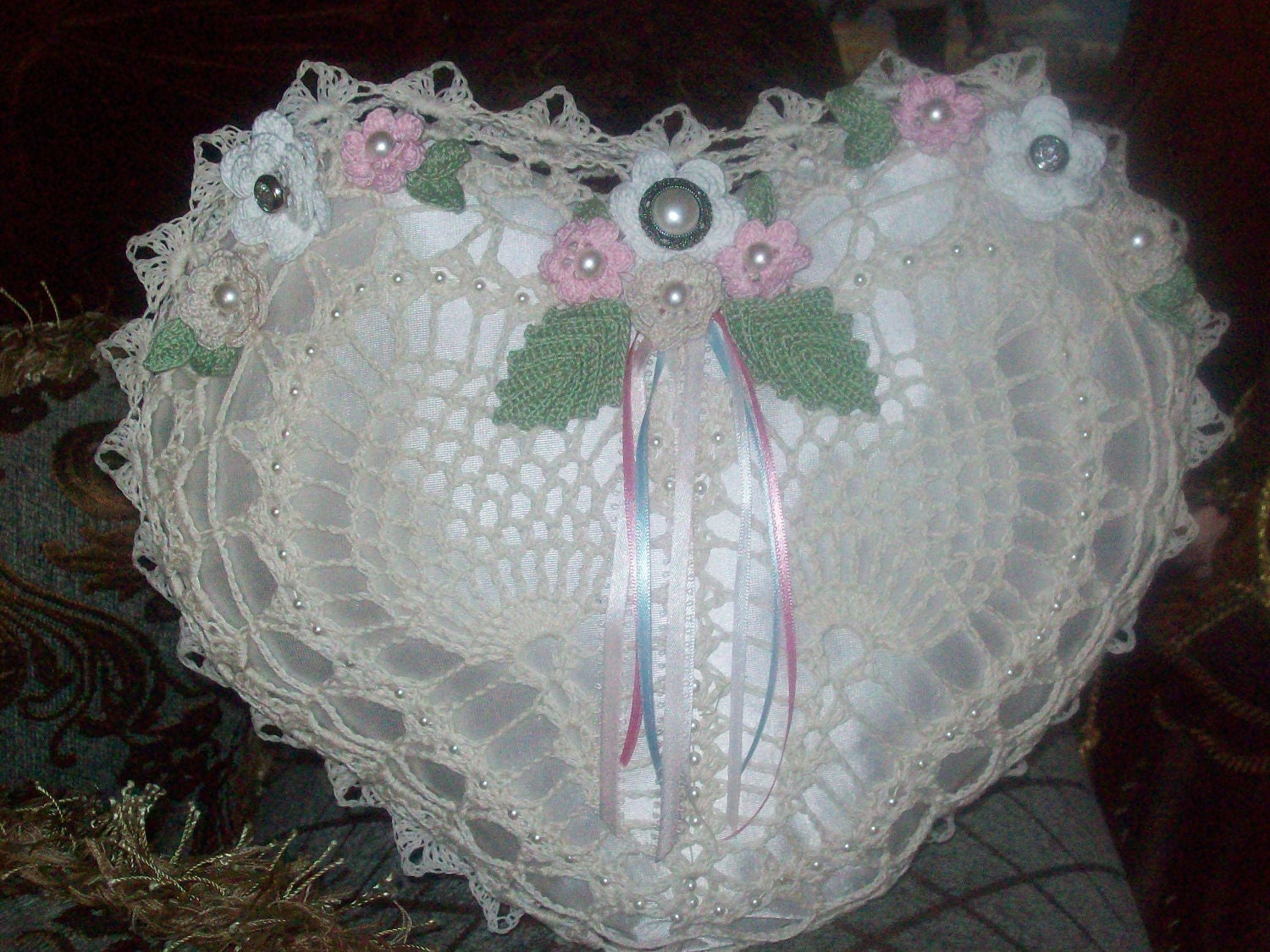 Vintage Heart Pillow with Crocheted Covering
