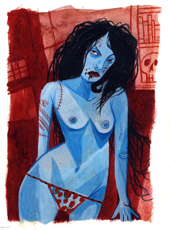 ORIGINAL Zombie Bikini Chick 9x11.25 gouache painting by Mike Gorman