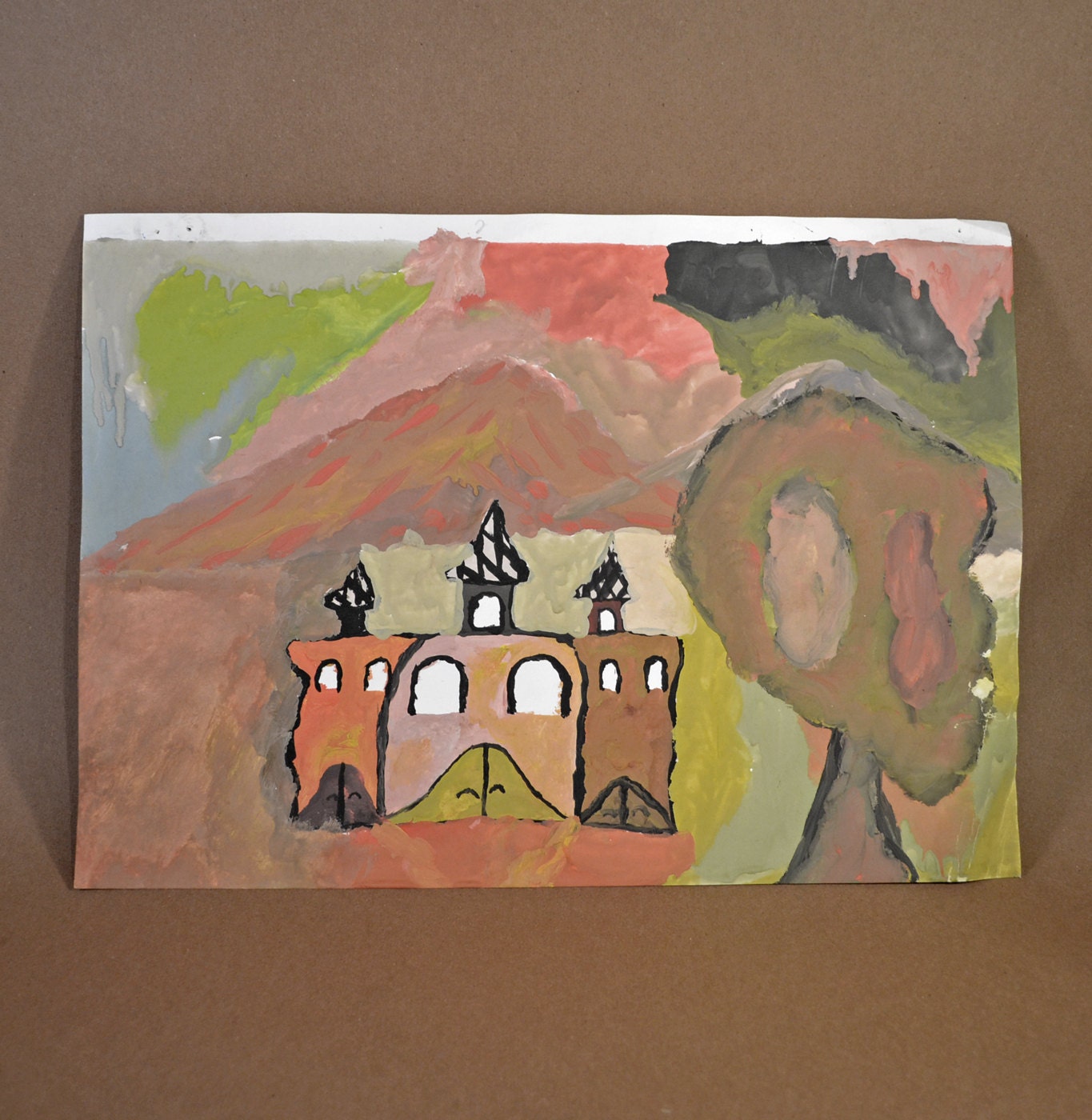 Painting on Paper of a Church and Landscape by Torosyan