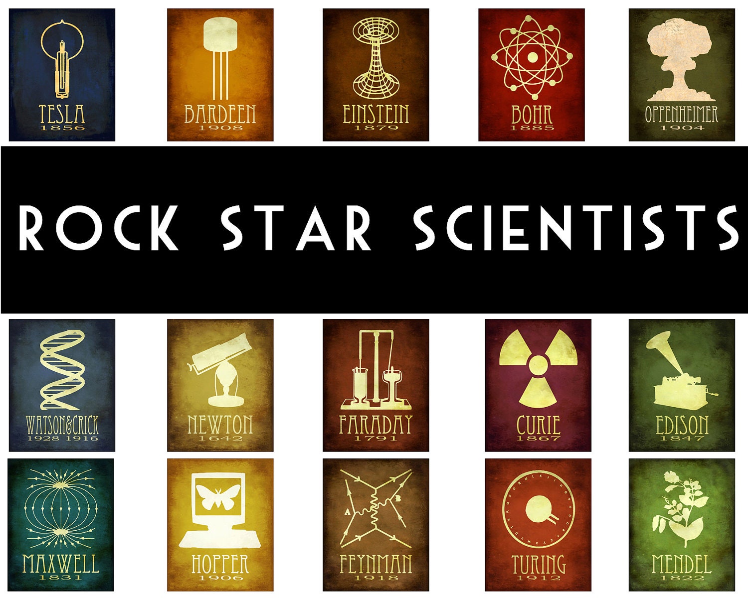 6x9 Steampunk Science Art Print 5 Rock Star Scientist Physics Diagram Educational Poster Geek Chic Tesla Edison Einstein Molecule Relativity