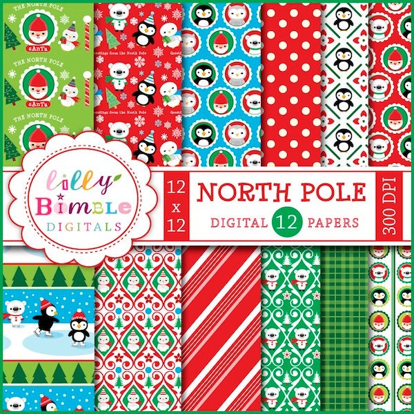 Christmas Digital Papers NORTH POLE penguins, Santa, Polar Bear, owls Il_170x135