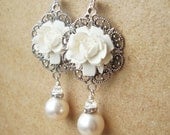 White Rose Bridal Earrings,  Vintage Style Pearl Wedding Earrings, Antiqued Silver Filigree Earrings, Dangly Earrings, WHITE BLUSH
