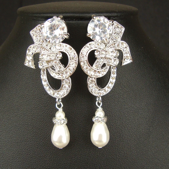 Crystal & Pearl Bridal Earrings, Vintage Inspired Bridal Wedding Earrings, Art Deco Style Wedding Jewelry, Rhinestone Earrings, IDA