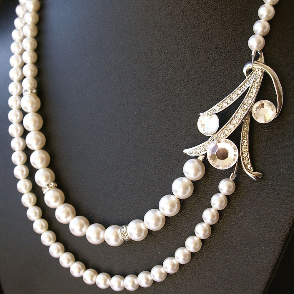 Art Deco Style Bridal Necklace, Wedding Jewelry, Pearl Bridal Jewelry, Old Hollywood Glamour, Ivory White Pearl Wedding Necklace, DITA