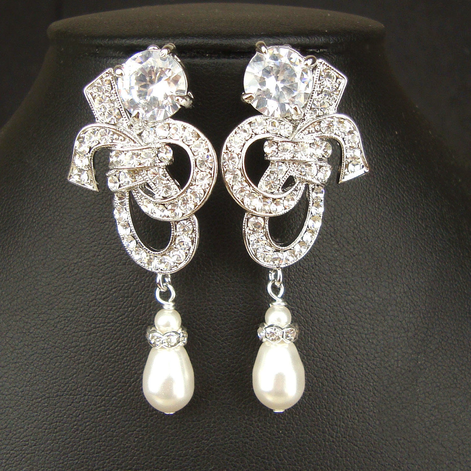 Crystal & Pearl Bridal Earrings, Vintage Inspired Bridal Wedding Earrings, Art Deco Style Wedding Jewelry, Rhinestone Earrings, IDA
