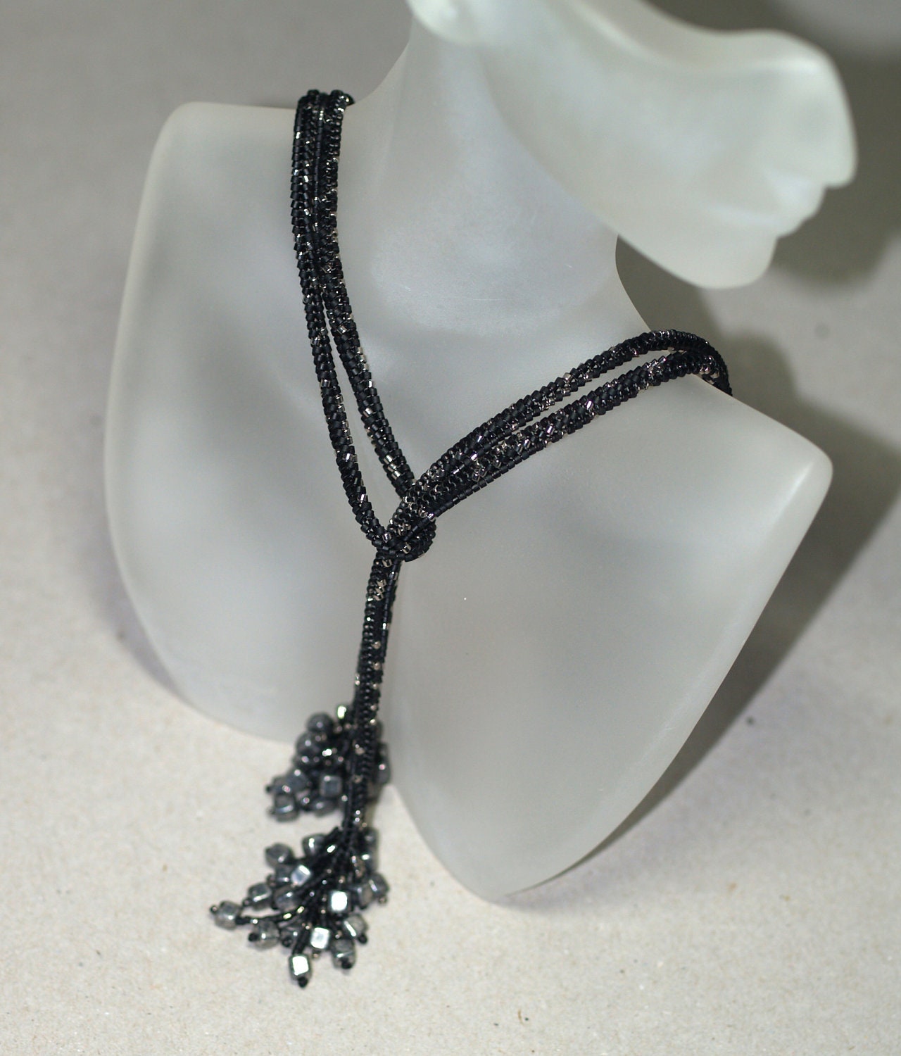 Layla ... Necklace . Lariat . Fringed . Black . Silver . Elegant . Versatile . Tubular Herringbone . Beadwoven . Chic . Simple . Modern