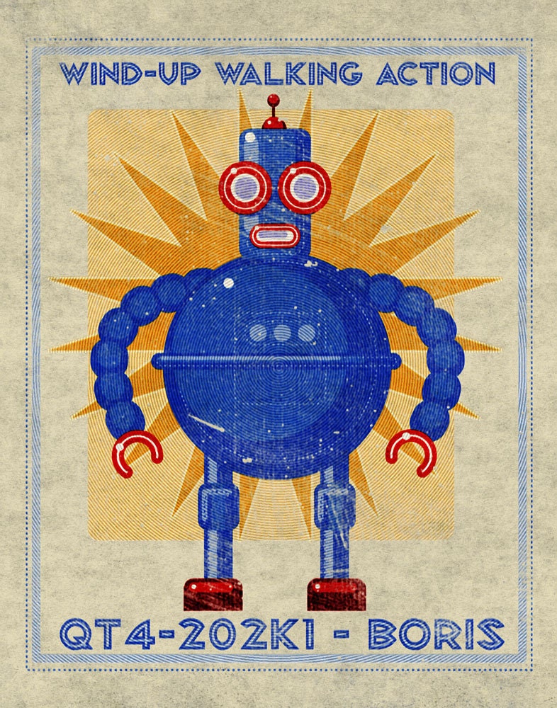 Robot Wall Decor - Boris Box Art Retro Robot Print 11 in x 14 in - Blue Robot Art for Boys Room - Seen in Land Of Nod - Retrobot Print