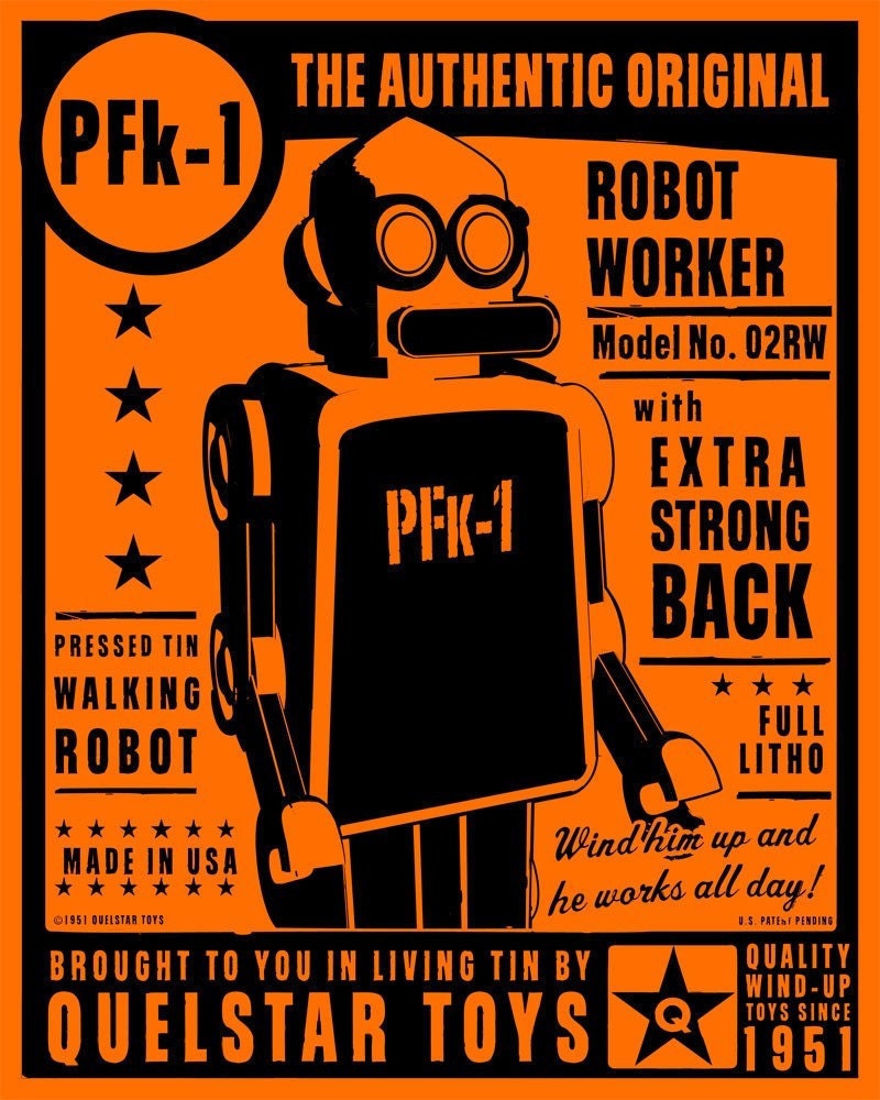 Retro Robot Art - PFk-1 Tin Toy Robot Art Print 16 in x 20 in - Robot Wall Decor - Geekery Art - SciFi Wall Decor for Guys - Retro Wall Art