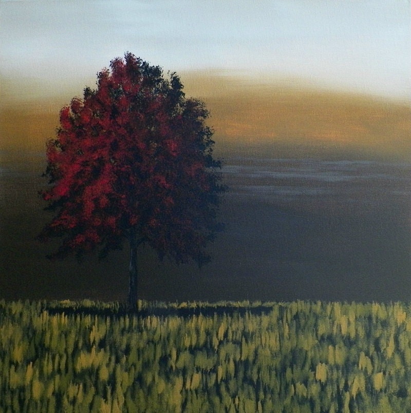 A Walk in the Storm Red Tree  Landscape Original Painting 18 x 18 by Artist Debra Alouise