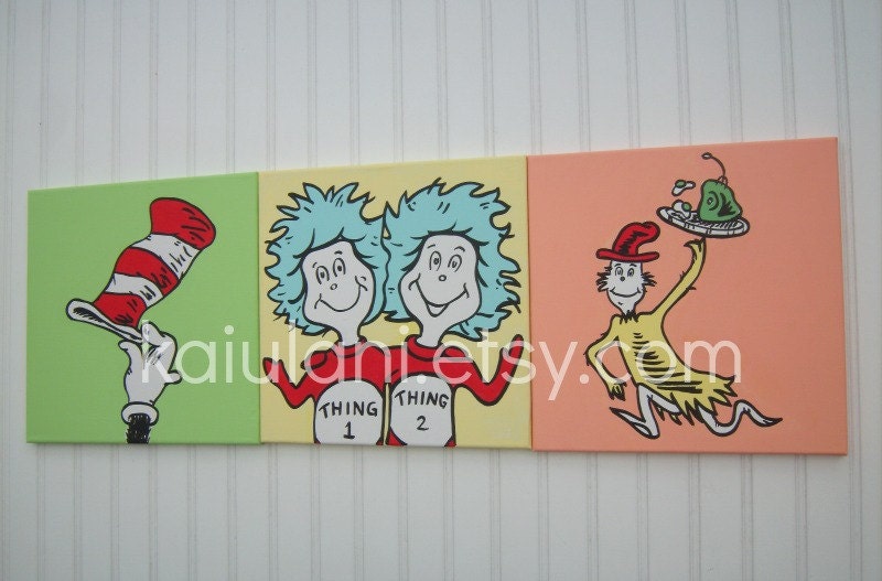 Dr. Seuss Painting - Kids Art - Cat in the Hat Thing One Thing Two Green Eggs and Ham - 3 Paintings