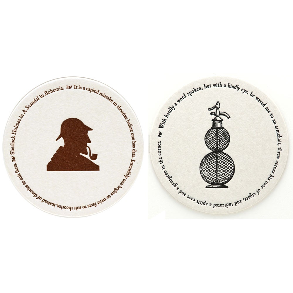 Sherlock Holmes Coasters, 4 each of 2 different designs, Ready to Ship