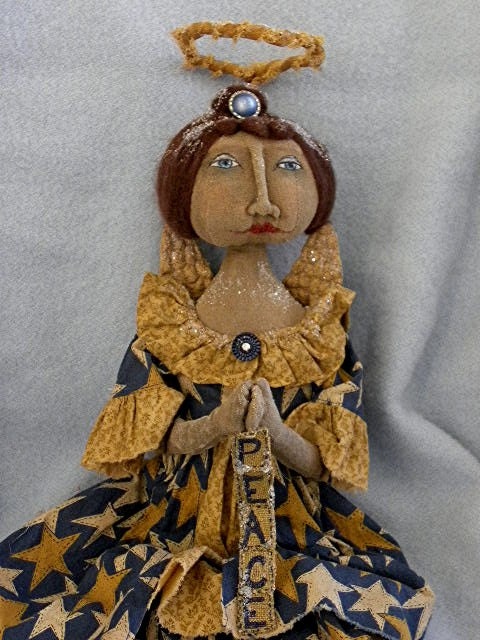 Angel Doll, Heavenly, Primitive Doll Pattern, Stars, Primitive Pattern, Peace, Blue, Gold, Mustard, Primitive Doll, Christmas Doll, Vintage,