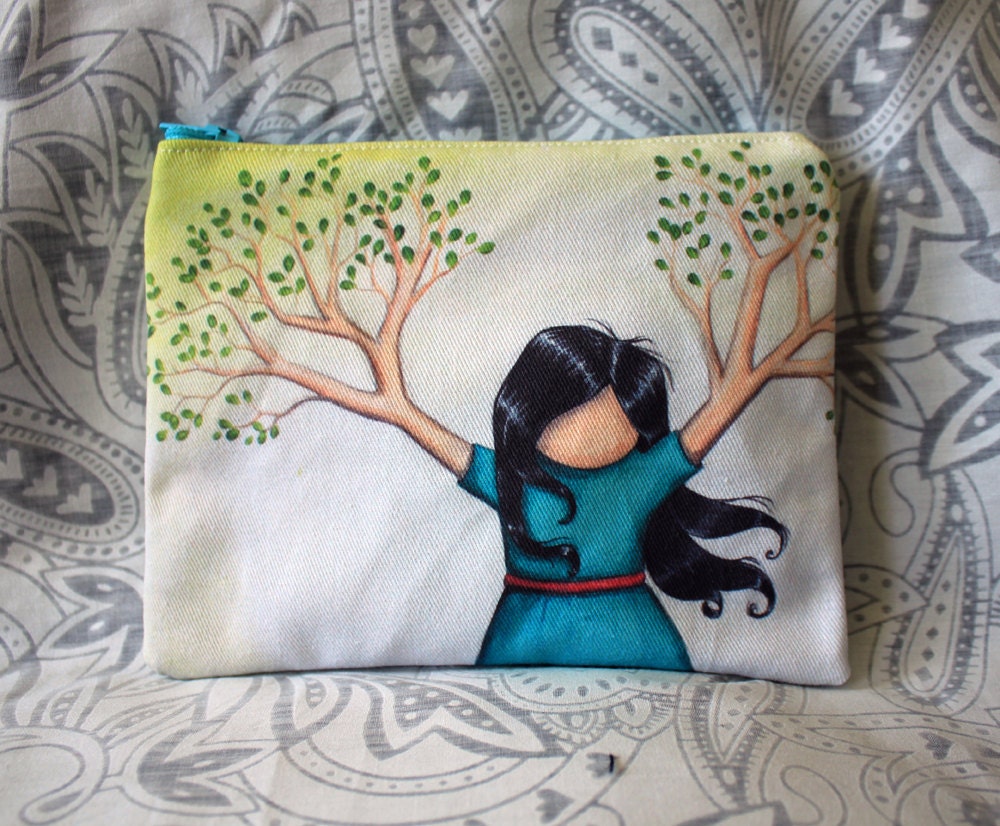 Flourish - Small Zipper Pouch cute tree girl with branches and leaves prosperous