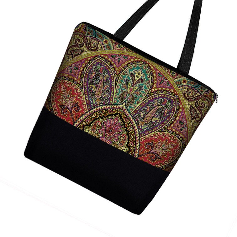 Large Tote Bag Purse / Diaper Bag / Cute Cotton Tote Bag / Zippered Canvas Tote / Teacher Tote / Paisley purple teal (RTS)