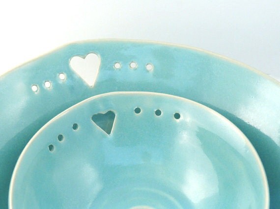 Handmade Art Bowls - Two Nesting Blue Dishes in robin's egg blue with hearts - Ready to Ship home decor