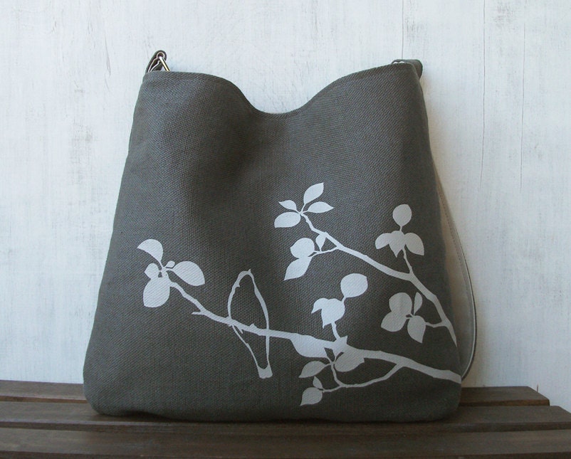 Hemp Tote Bag - Handbag - Messenger Bag with Bird on Tree - Charcoal Gray