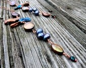 Blue Bronze Stick Coin Cultured Pearl LUXE catROCKS earrings Super Long Statement Copper