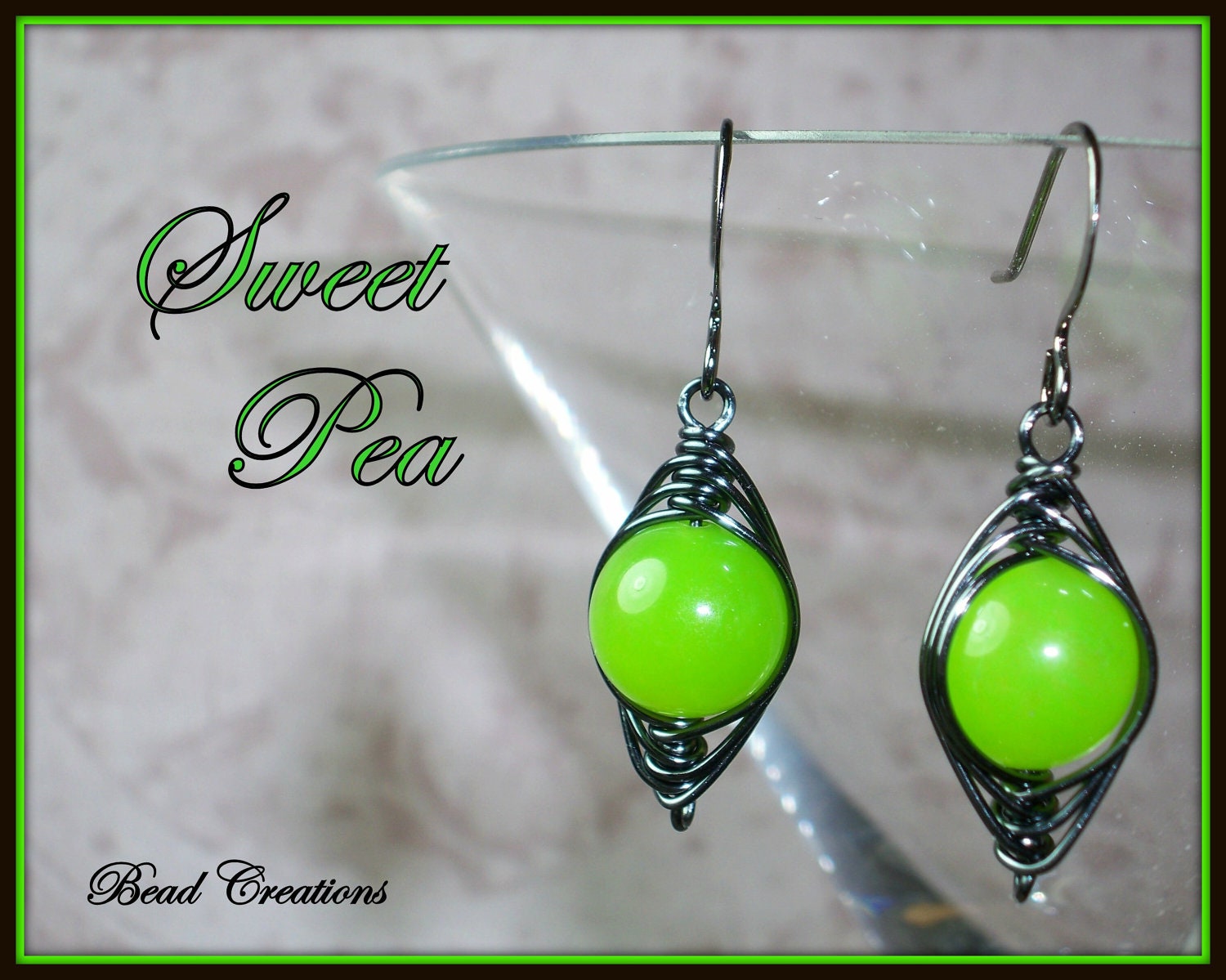 Green Jade Earrings Wire Wrapped Gunmetal SWEET PEA