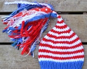 Newborn Hat Baby Photo Prop Super Tassled Thin Stripe Knit PATRIOT USA CHuCkles Cap Boy Girl Unigender Blue White Red In SToCK