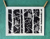 treetop love factories - linocut print