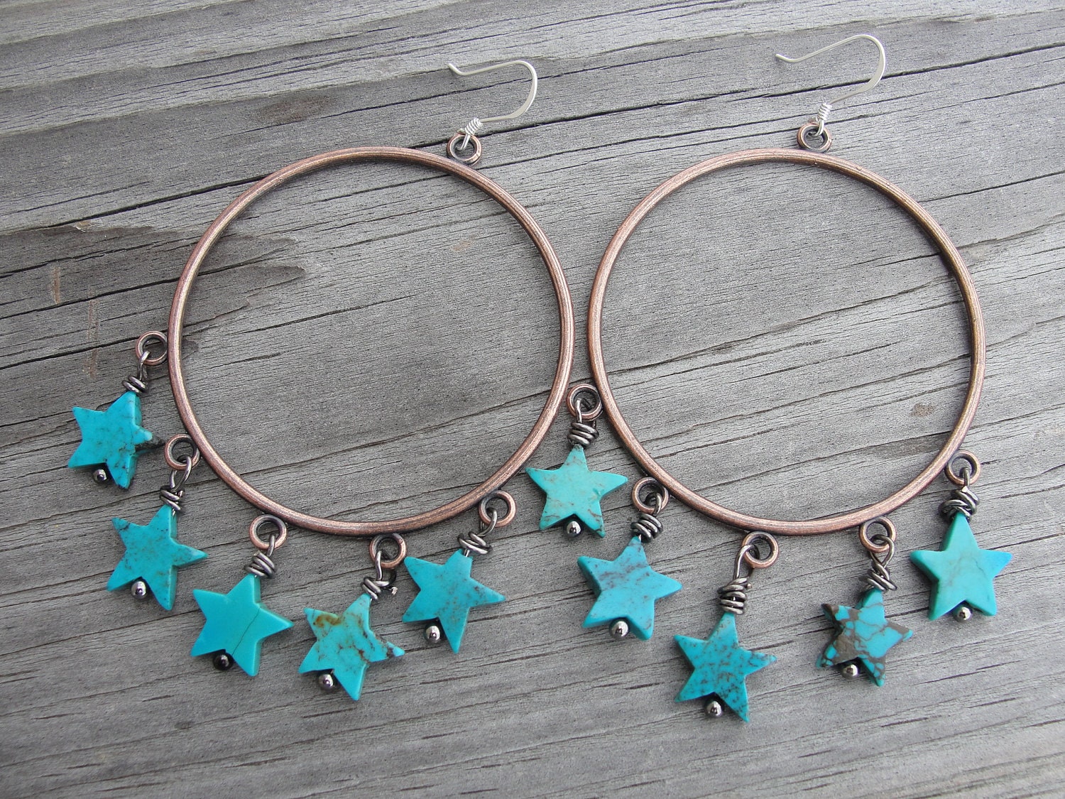 Turquoise Stars Copper Hoop Earrings