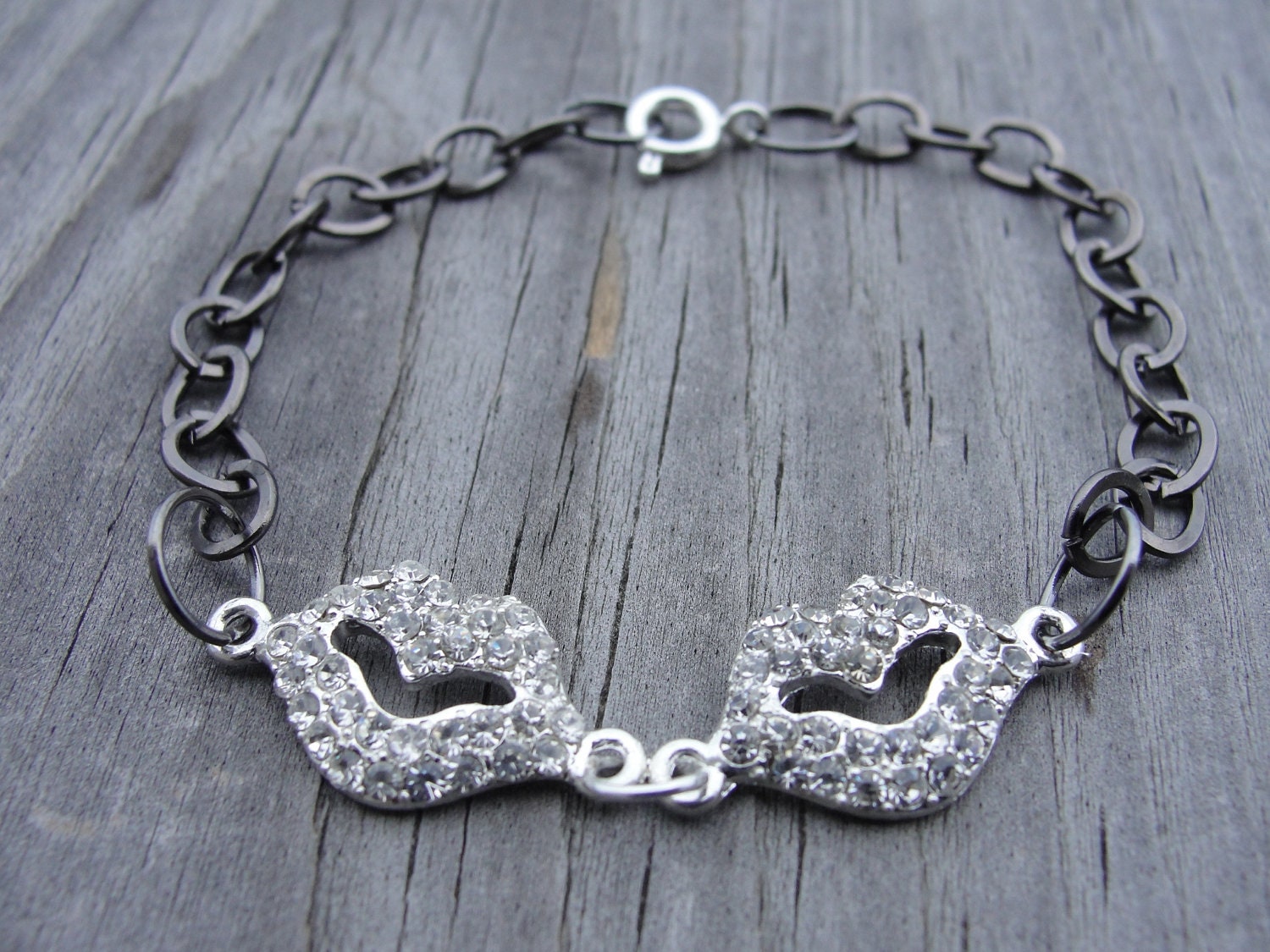 Crystal Lips Gunmetal Chain Bracelet
