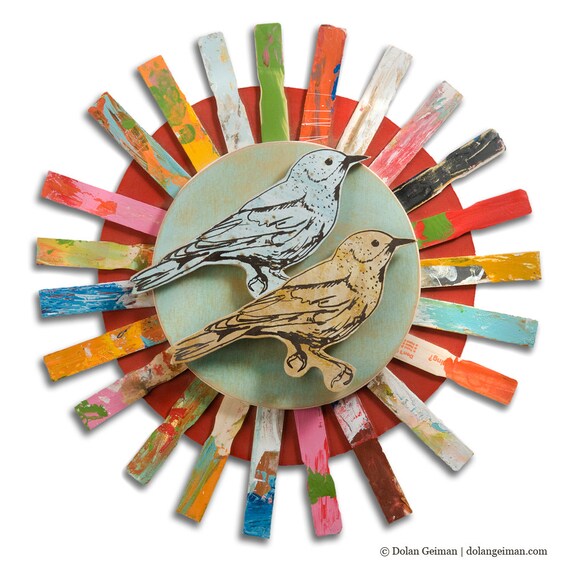 Springtime Sunburst, Songbird Collection (Paint Sticks), Original Wood Art Assemblage, Made to Order