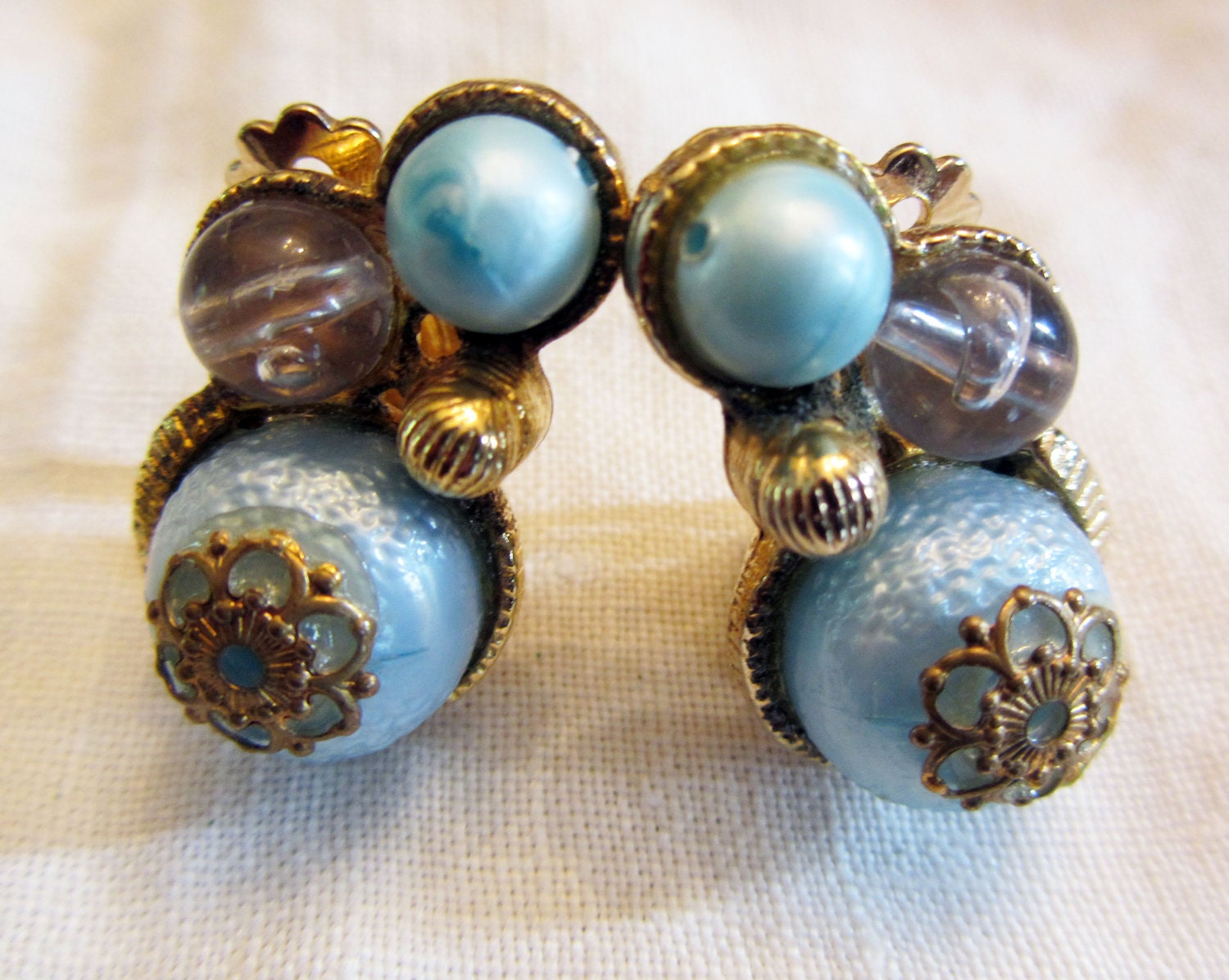 Funky Blue Bead Earrings, Clip Ons, Vintage