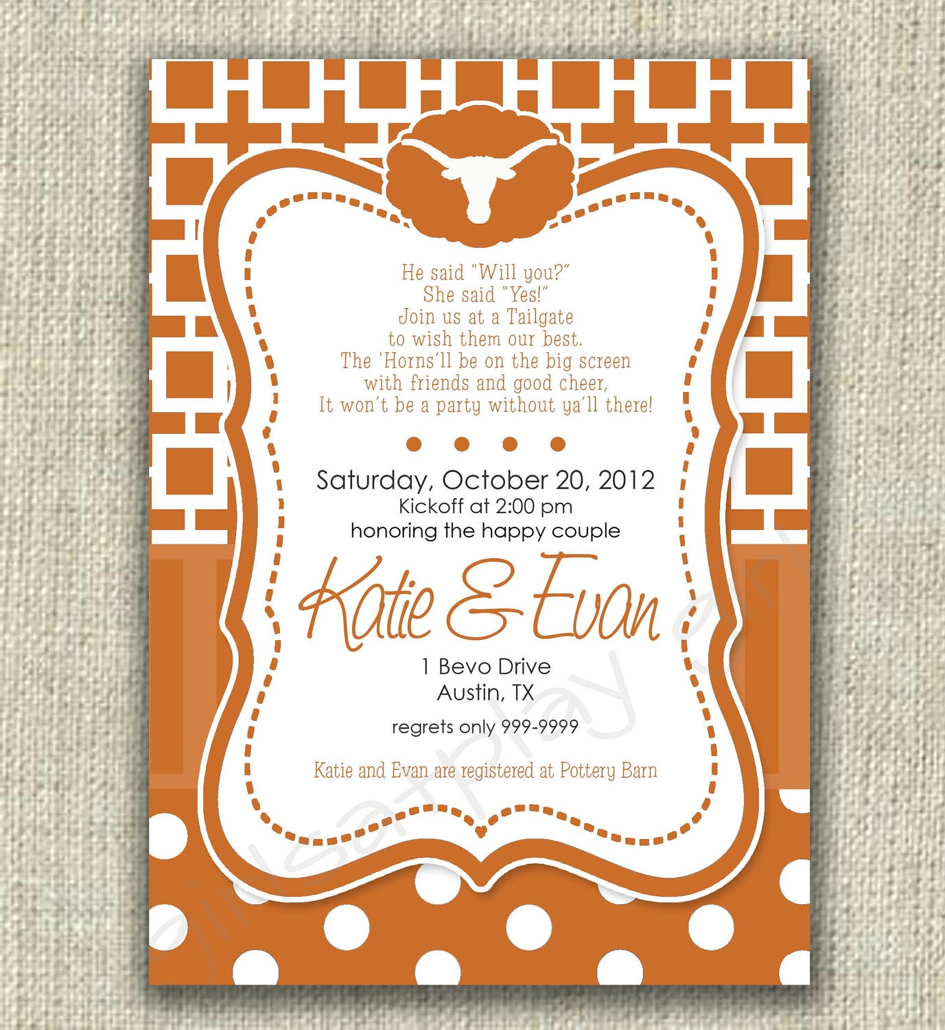 Bridal Shower Football Invitation Texas Tailgate Longhorns Burnt Orange Digital - by girlsatplay Etsy girls at play Il_170x135