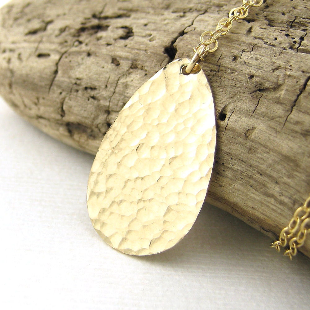 Gold Necklace Medium Teardrop Handmade 14k Gold Fill Hammered Handmade Designer Fashion Jewelry - Jennifer Casady