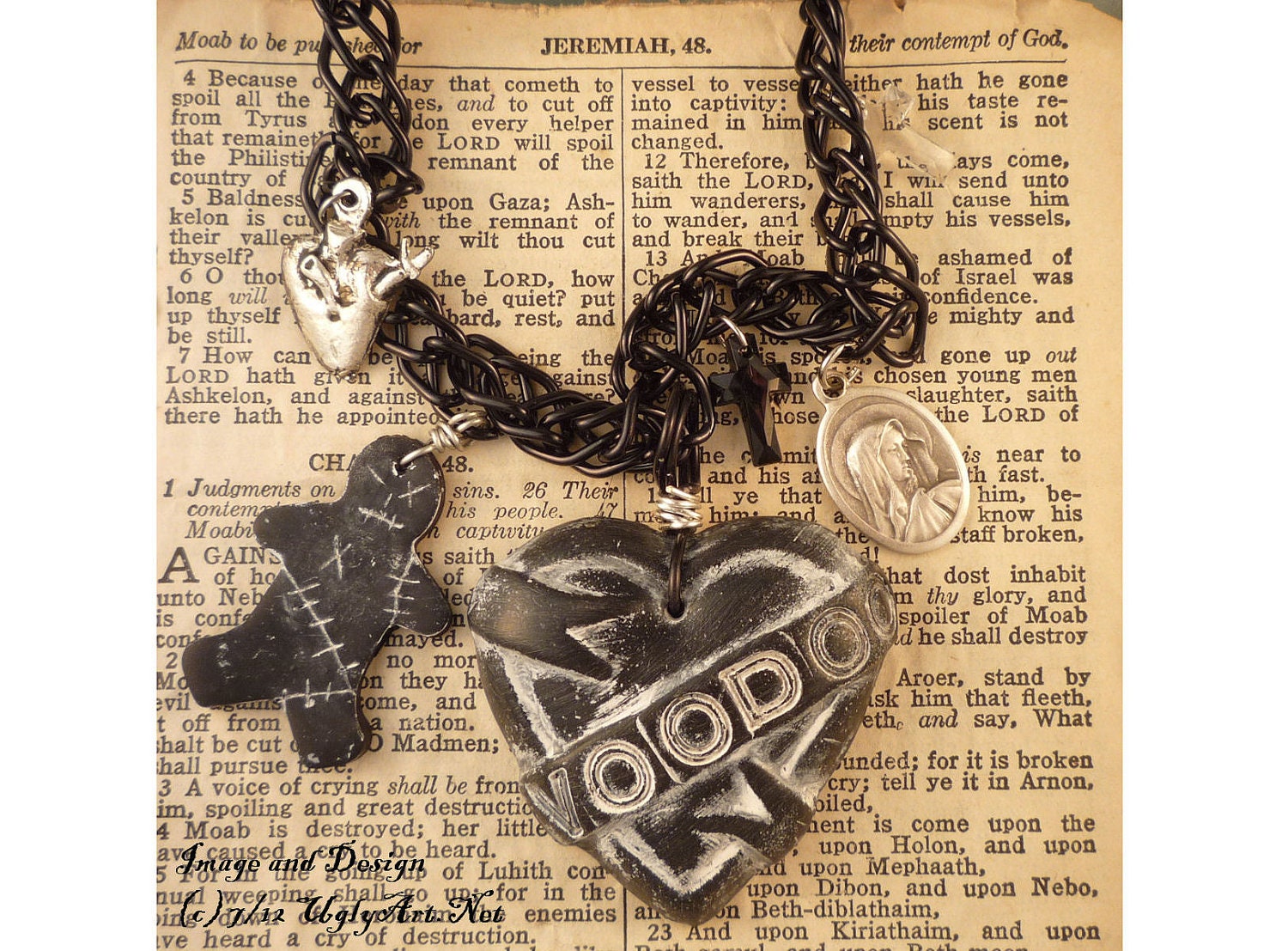 Voodoo Tattoo Heart Banner Charm Necklace by Ugly Shyla OOAK