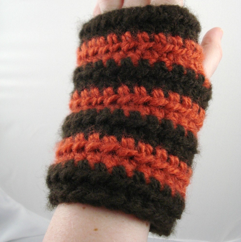 Brown and Pumpkin Orange Striped Crocheted Wrist Warmers (size M-L)