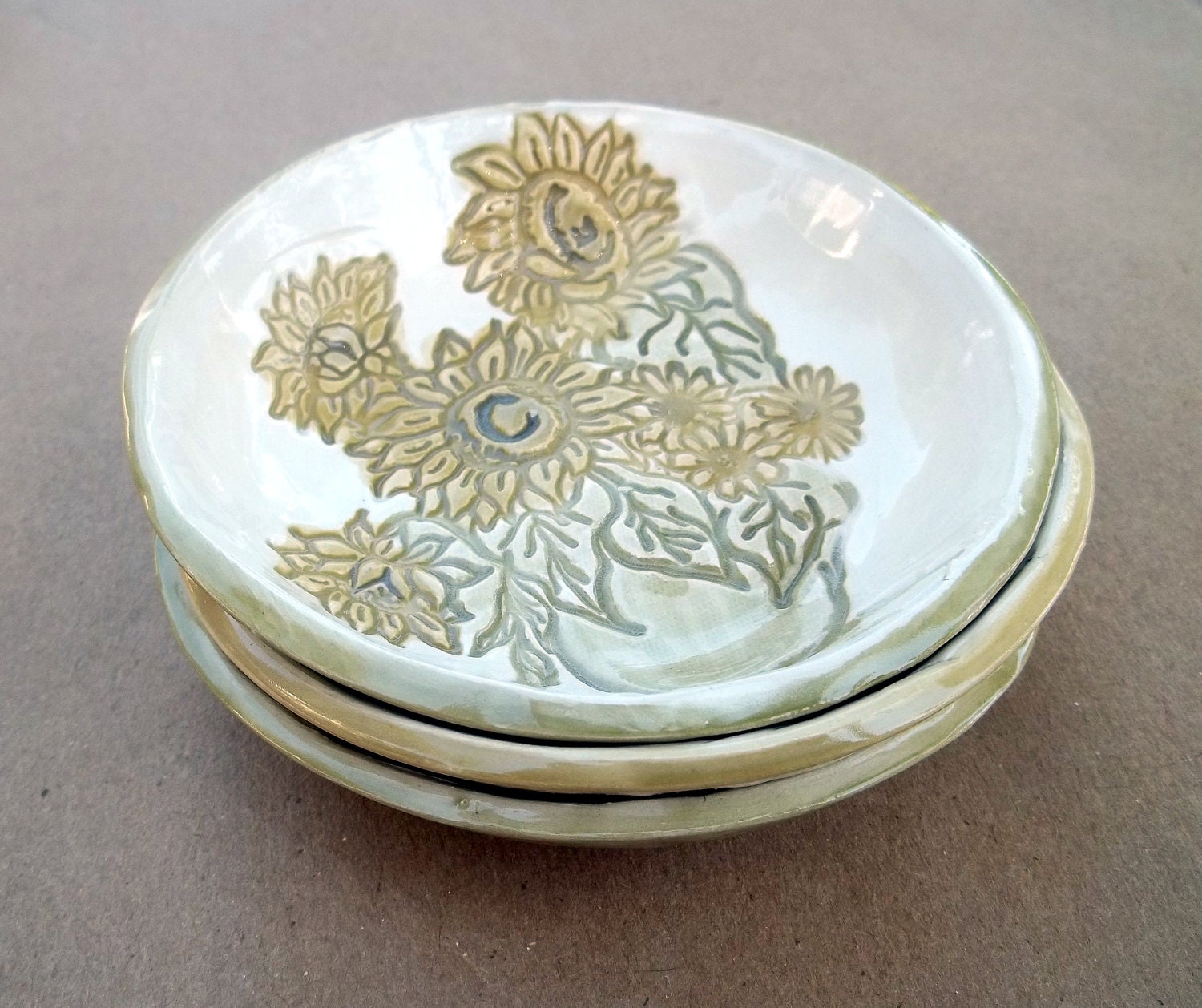 THREE Ceramic Sunflower Prep Bowls