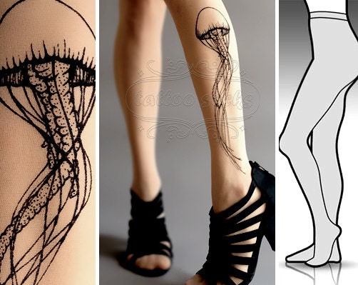 new: S/M sexy Jellyfish tattoo tights / stockings/ full length / pantyhose / nylons LIGHT MOCHA