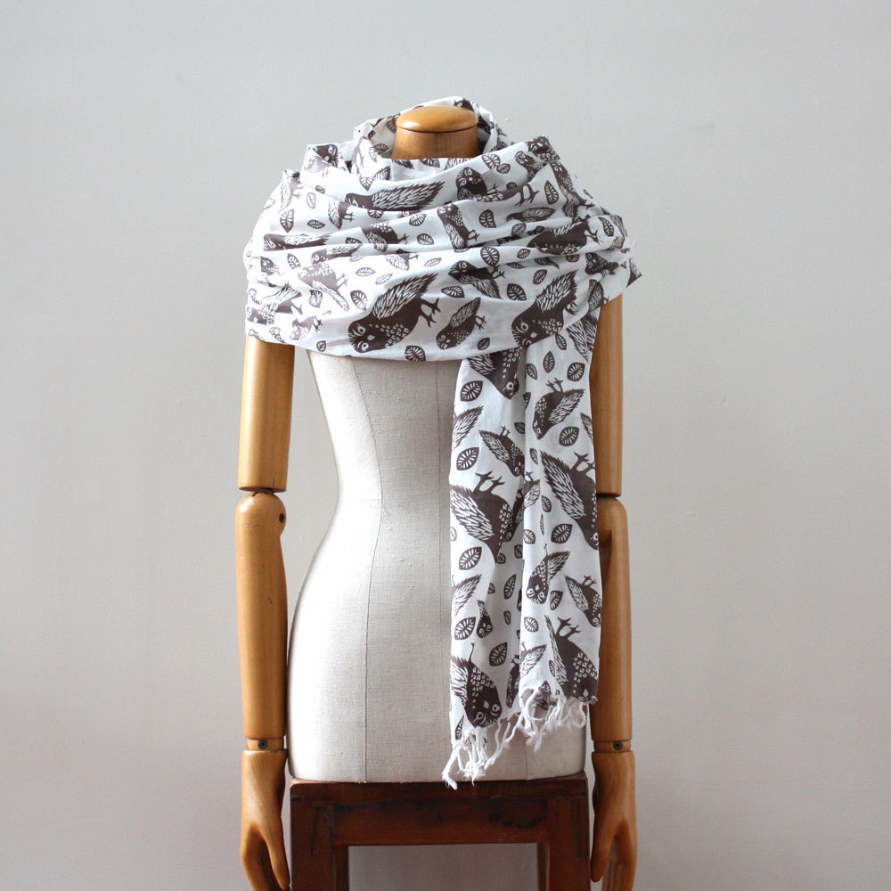 Organic Cotton Voile Scarf - Espresso Owls