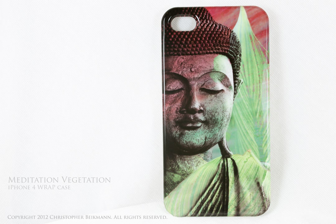 Buddha iPhone 4 case - iPhone 4s case - Meditation Vegetation - green Buddha art WRAP hard case for your iPhone 4