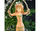 Spun Cotton Mermaid Ornament Victorian Inspired OOAK Christmas Folk Art Vintage Craft