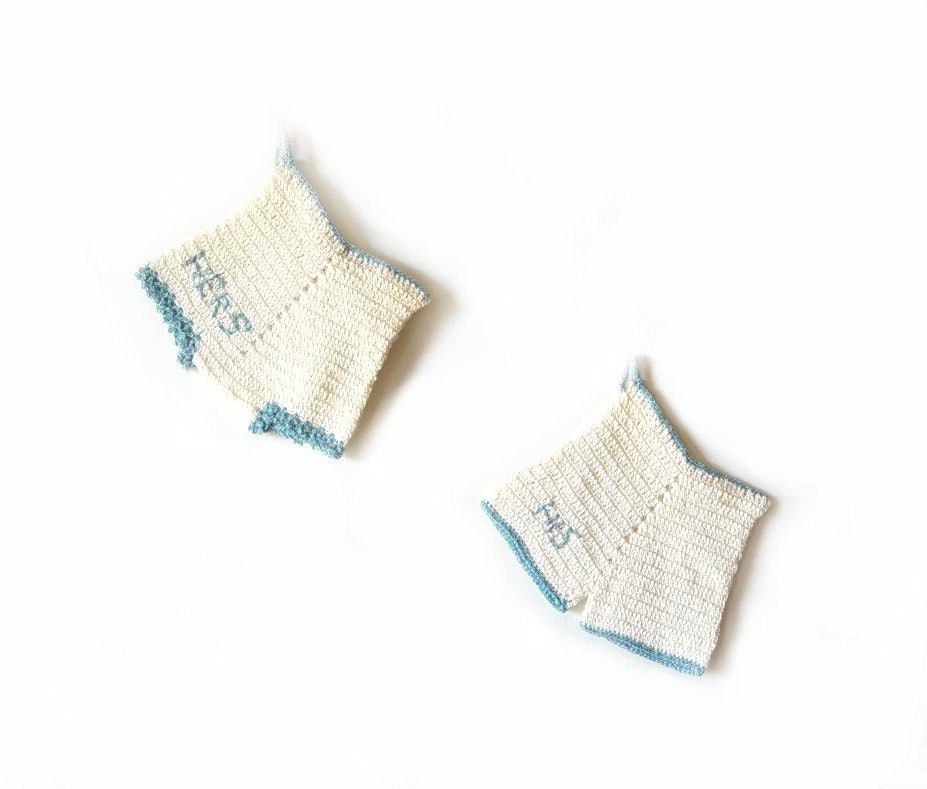 Pair Crochet Pot Holders - Vintage Baby Bloomers - White Teal Shorts
