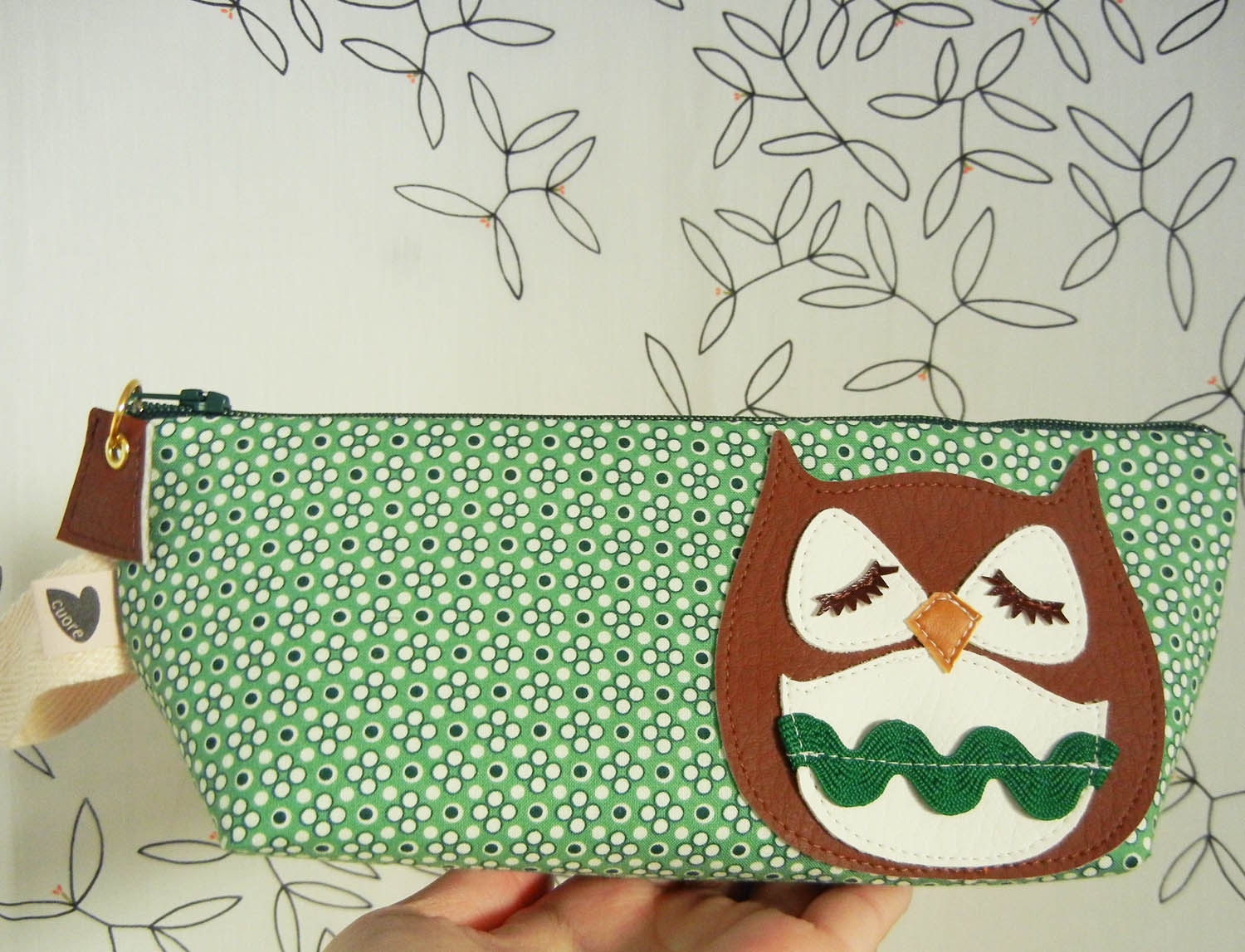 Brown Stewart the Owl Green Polka Dot Floral Cotton Print Canvas Carry All Case Vinyl Applique
