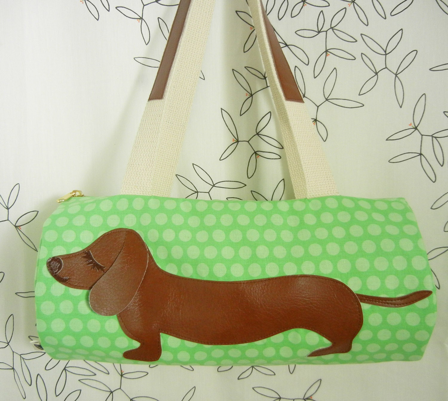 BBQ the Dachshund Mint Honeydew Polka Dots Vintage Inspired Cotton Canvas Duffel Tote Bag Purse with Vinyl Applique