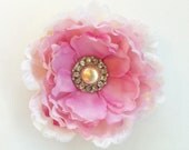 Pink Peony Hair Clip - Wedding Flower -  Vintage Pearl and Rhinestone - Weddings and Bridal