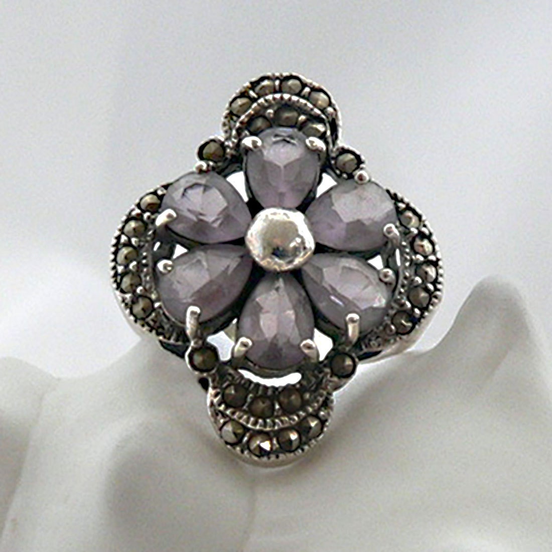 Vintage Sterling Marcasite Ring with Lavender Crystal Flower, size 8 1/2