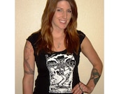 Skeleton Fiddler Calavera  Black Tshirt, Women's S, M, L, XL.