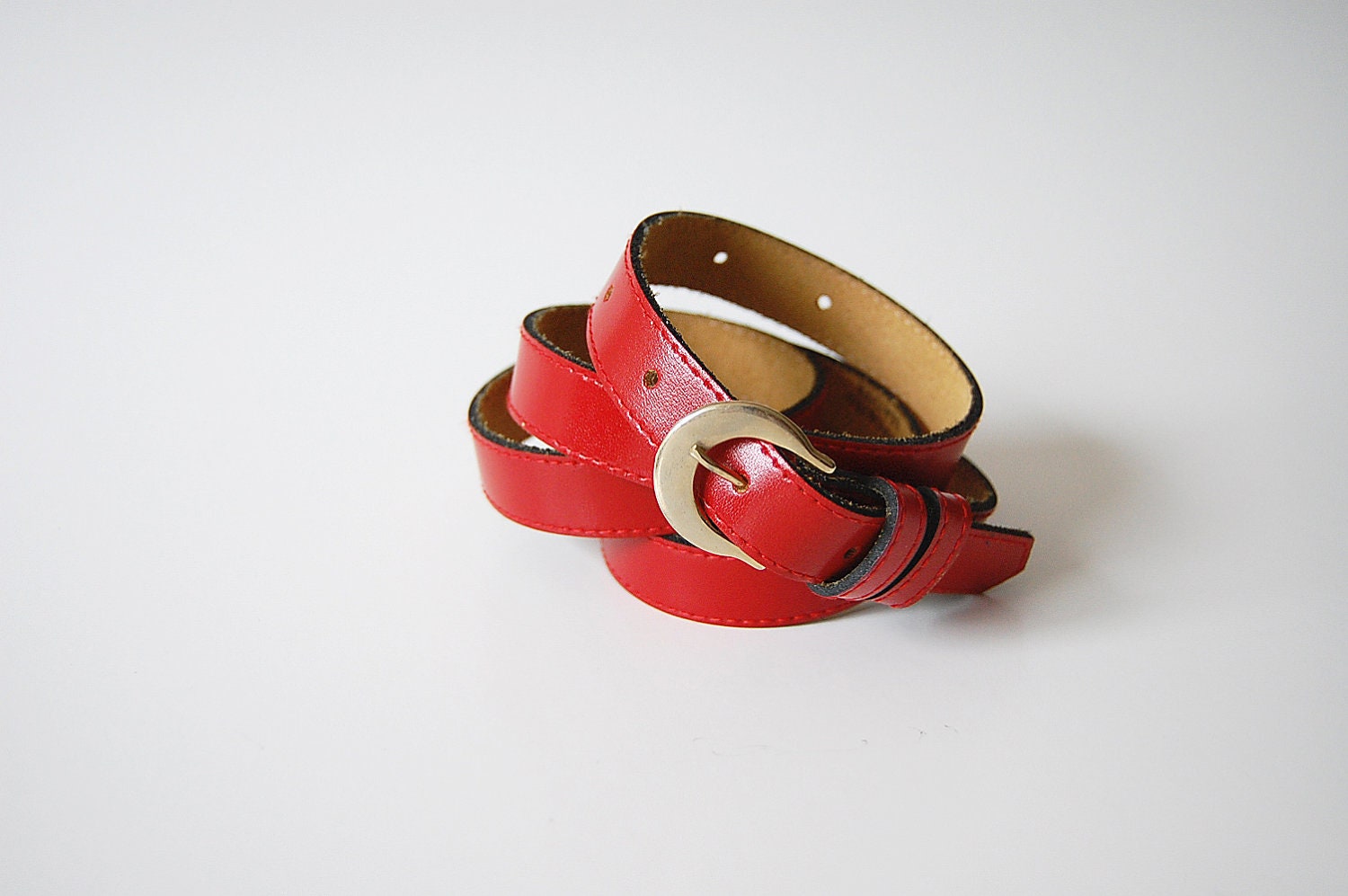 Skinny Leather Belt . Red . Narrow Belt . L XL