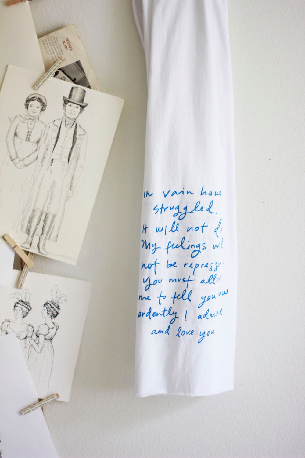 Mr. Darcy Proposal scarf.  white and turquoise.  Jane Austen