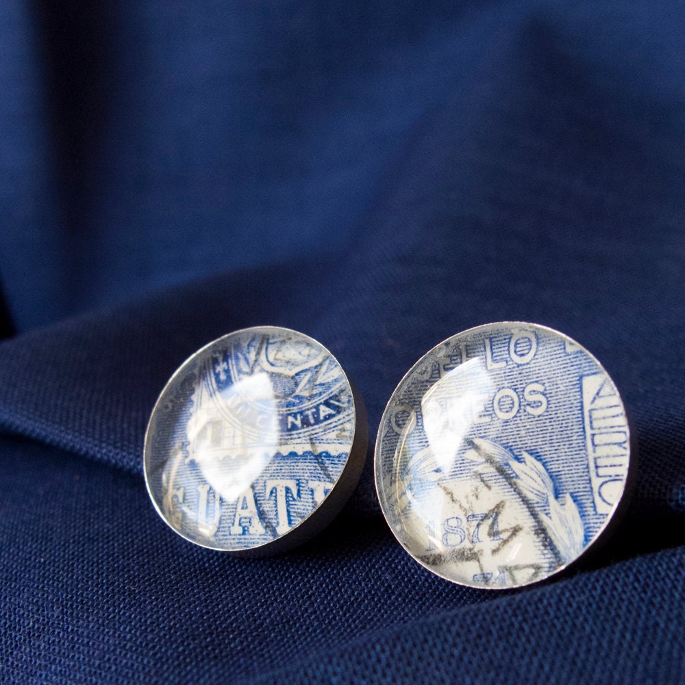 Guatemalan Postage Stamp Button Earrings