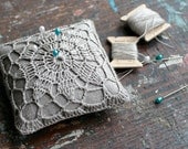 Linen pincushion - crochet motif -- natural