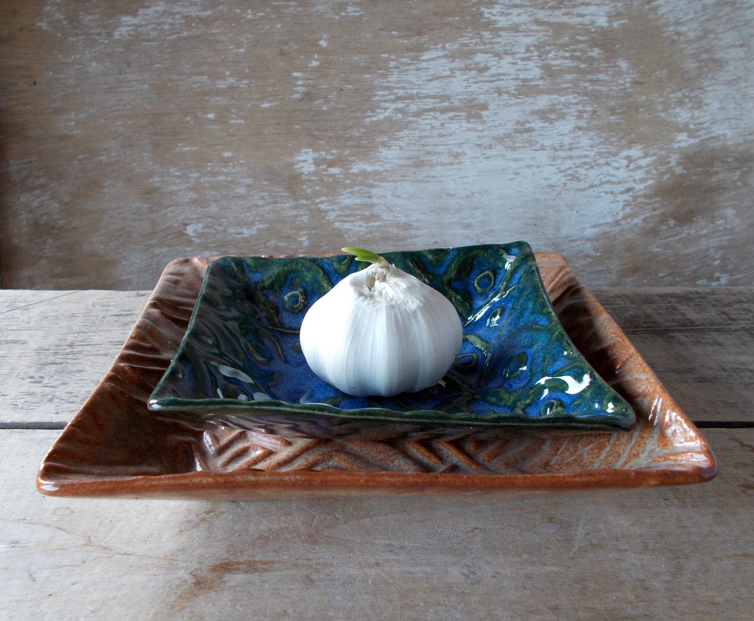 Two Square Plates With Texture, Brown and Blue