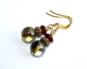 Antiqued Earrings, Glass, Gold, Maroon, Vintage Inspired
